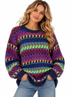 Vintage 80s Hand Knit Chunky Crewneck Sweater L Colorful Retro Artsy Peruvian